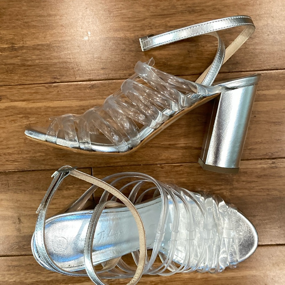 George J Love clear/silver heels